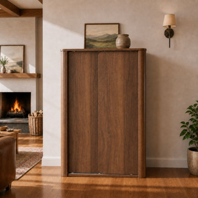 31.5'' W Brown Storage Cabinet With Handle-Free Sliding Doors And Interior Shelves