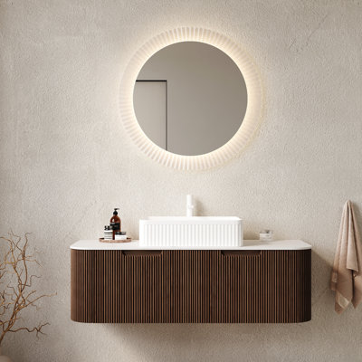 Meuble-lavabo 48 po, lavabo en céramique blanche, motif rayé 3D noyer foncé, 2 tiroirs, comptoir, système de fermeture en douceur, pré-assemblé