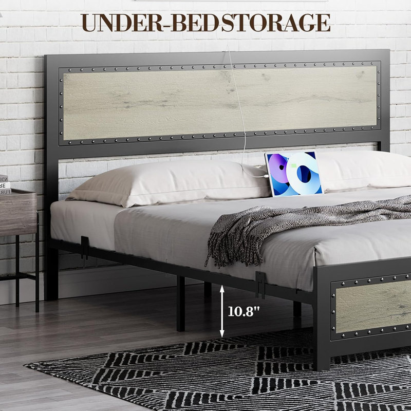 Bed Frame with Charging Station, Industrial No Box Spring Needed, Fast Assembly, Full, Gray