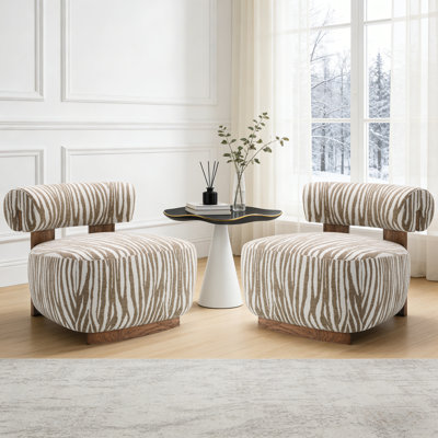 2-Pieces Zebra Strips Accent Chair With Cylindrical Back Chenille Upholstered Cozy Chair With Wood Frame Cute Chair For Living Room, Bedroom by LC HOME