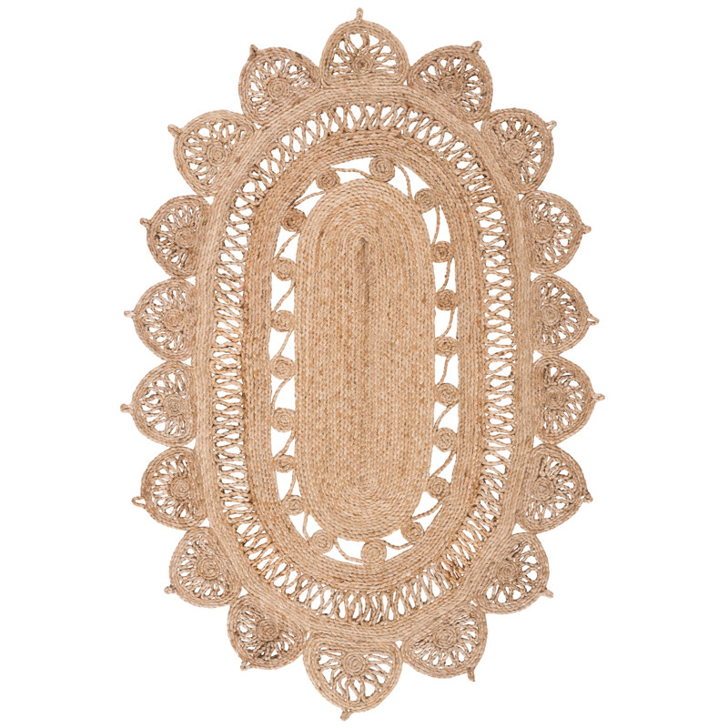 Tapis de couleur unie en jute tissé à la main en fibre naturelle Varshini, Ovale 7 pi x 9 pi