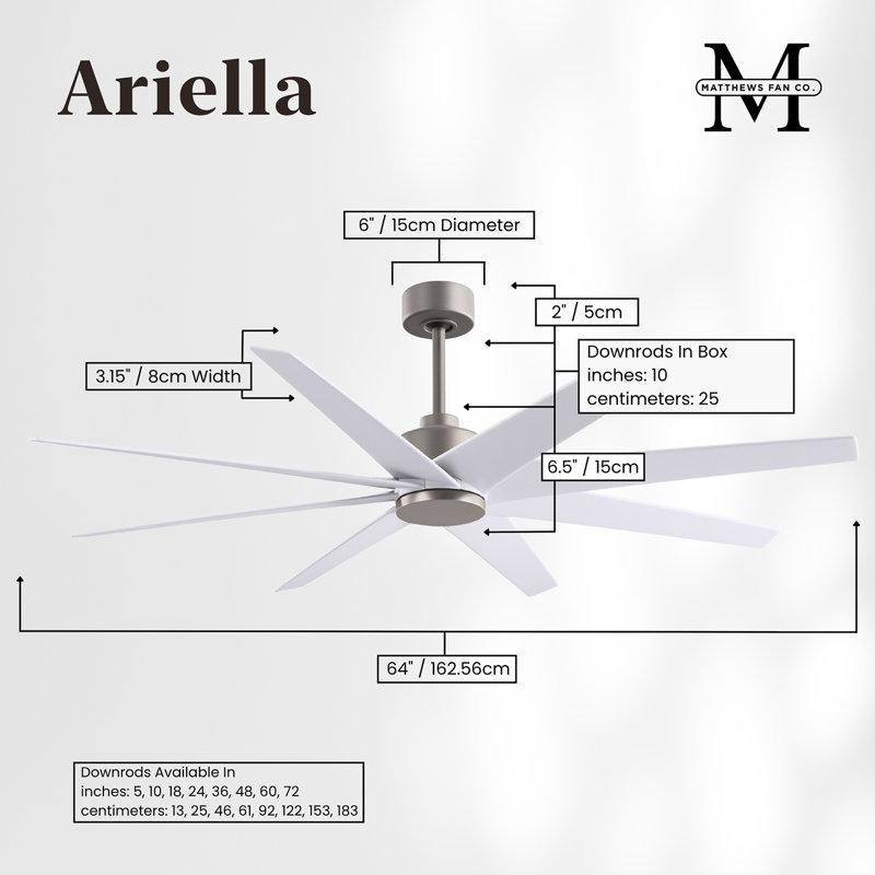 Ariella - Eight Blade Ceiling Fan - Brushed Brass Finish - Matte Black Blades, Brushed Nickel, Matte White