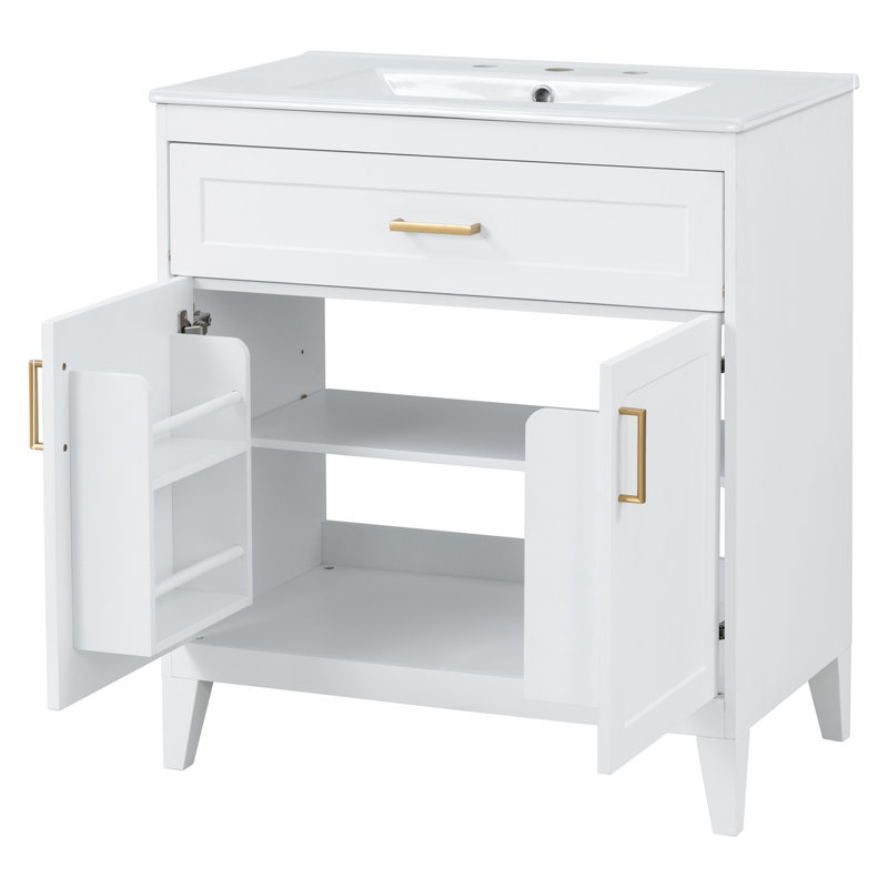 Meuble-lavabo de salle de bain avec comptoir de lavabo, portes doubles à fermeture en douceur et tiroir basculant, Blanc