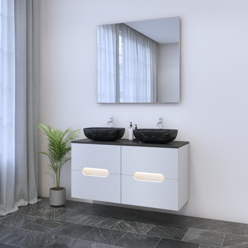 Meuble-lavabo double 47,2 po avec plateau en bois manufacturé Kashden, Noir, Noir
