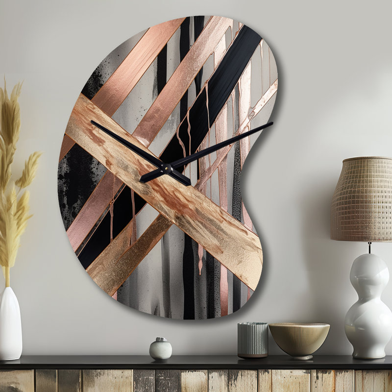 Metallic Stripes And Circles III - Boom Shape Large Gold Wall Clock Sculpture, Small