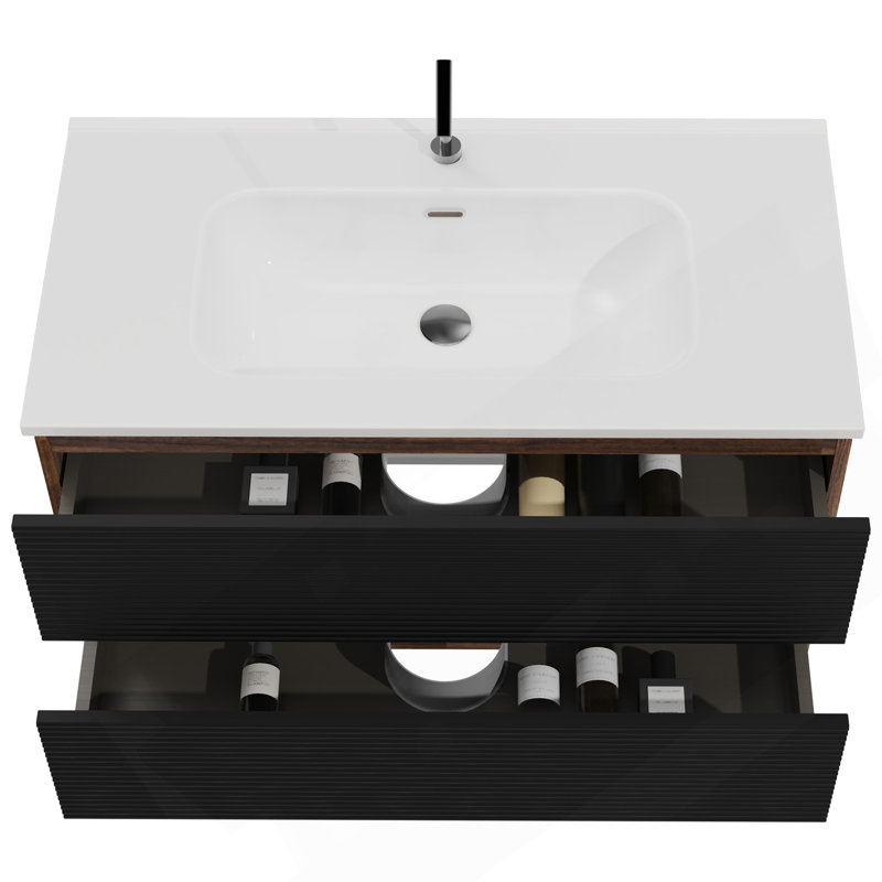 Meuble-lavabo mural 36 po en chêne brut avec lavabo intégré en céramique avec trop-plein, grand meuble-lavabo flottant de rangement pour salle de bain moderne, pré-assemblé