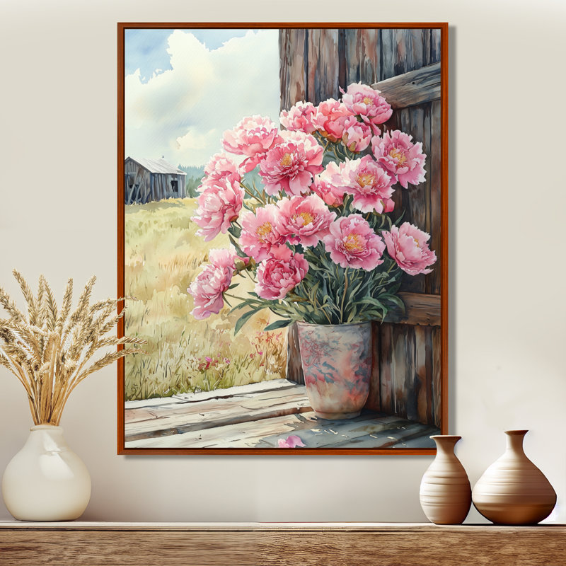 Pivoines dans la brise de basse-cour III - pivoines, art mural, H 32 po x l 24 po, Reproduction avec cadre flottant, Brun