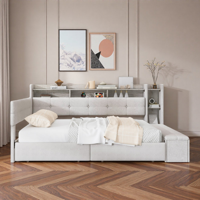 Lit de jour rembourré avec repose-pieds avec rangement, tablettes, 2 tiroirs, charge USB et lumière DEL, Twin, Beige