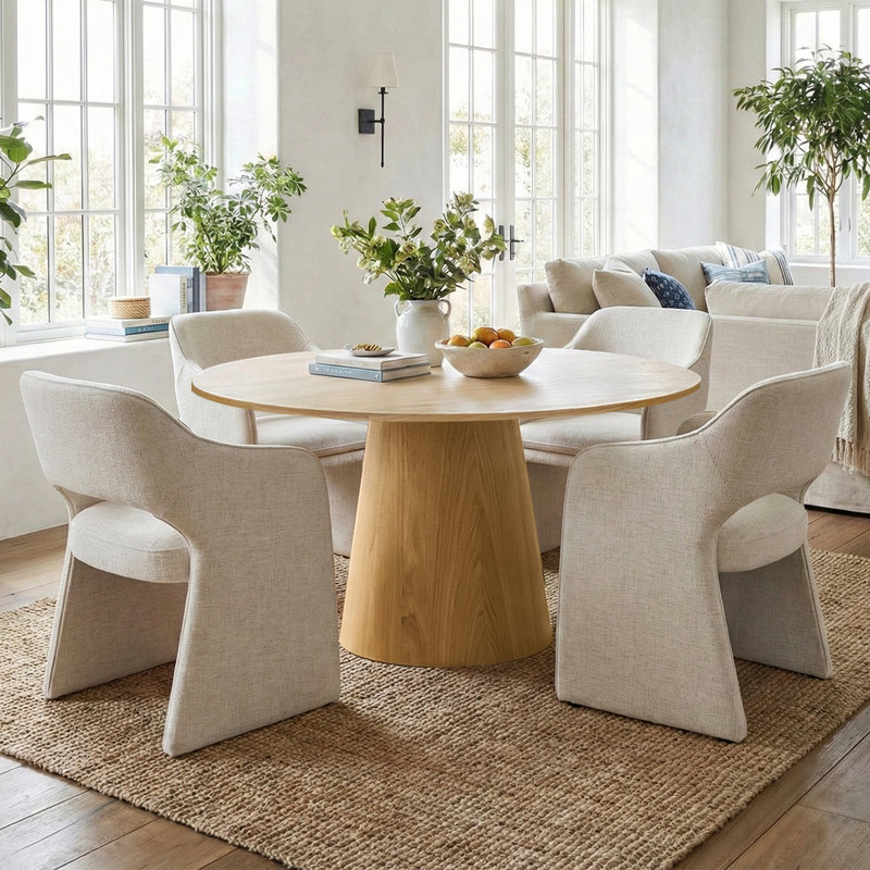4 - Person Dining Table Sets With Round Table & 4 Upholstered Chairs, Yellow, Beige