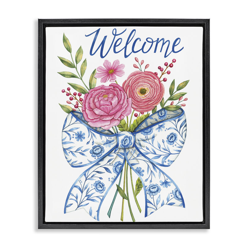 Cadre flottant Bow & Flowers Welcome, conception par Deb Strain, Cadre flottant noir de jais, H 21 po x l 17 po