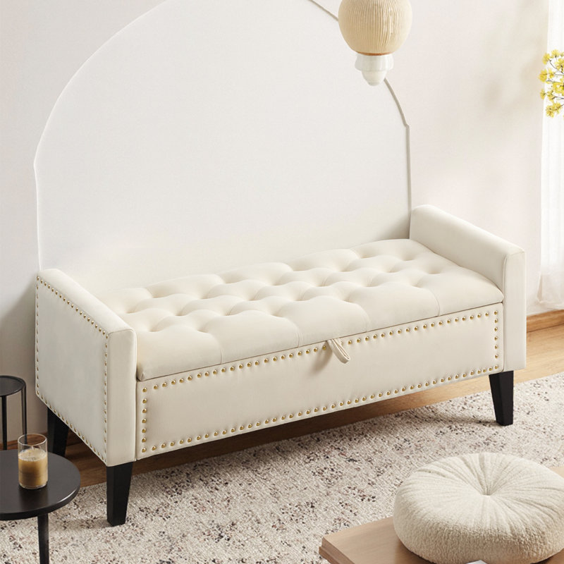 47" W Velvet Upholstered Flip Top Storage Bench, Beige-Gold Rivet