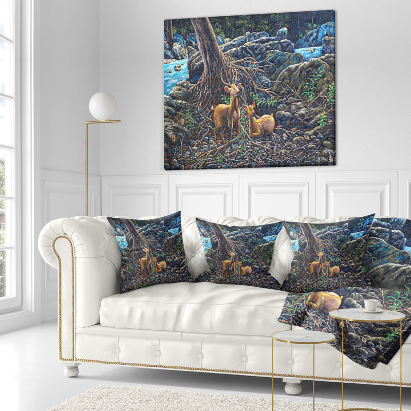 Paysage avec un cerf dans un coussin de forêt, 16 po x 1 po, Coussin décoratif