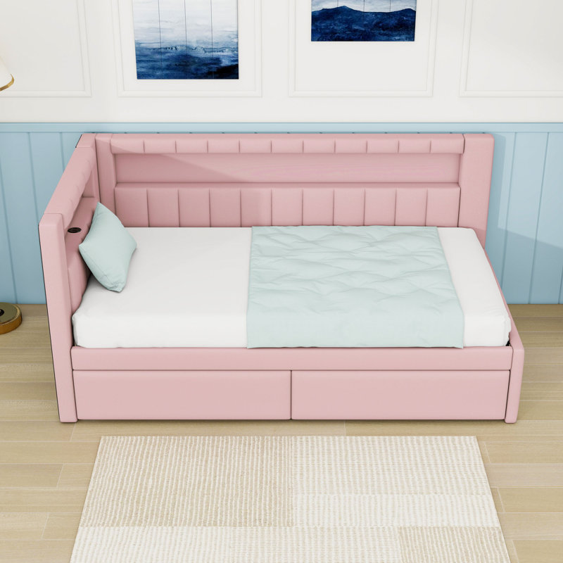 Lit de jour simple rembourré avec ports USB et éclairage DEL, Rose