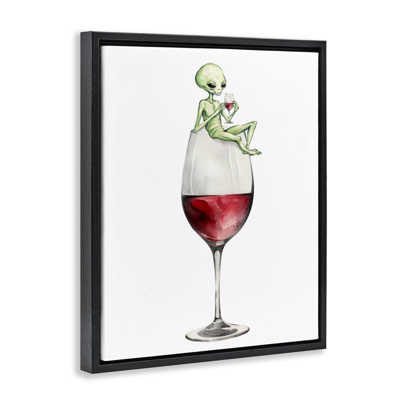 Alien perché sur un cadre flottant en verre de vin, design par Lil 'Rue, H 31 po x l 25 po, Cadre flottant noir de jais