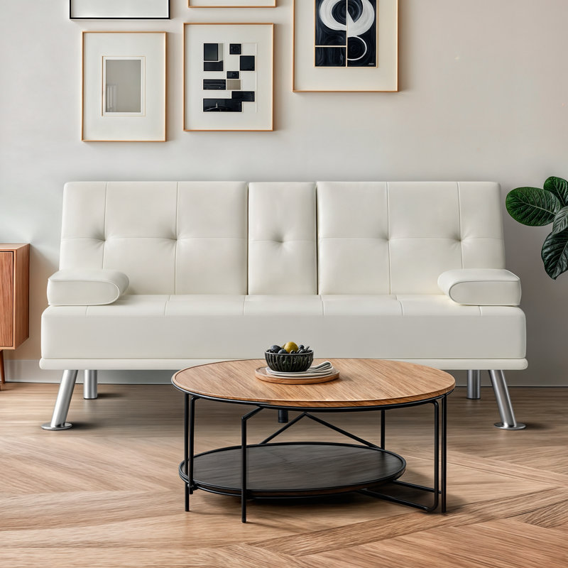 Modern Convertible Futon Sofa Bed Adjustable Recliner With Cup Holders & 600 Lbs Capacity, White Faux Leather