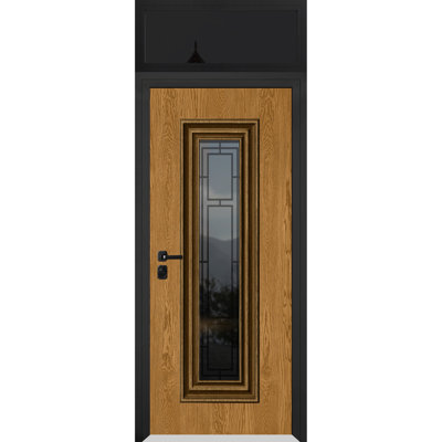 Façade avant en acier pré-suspendu / porte en chêne naturel Ballucio 6644 / fenêtre extérieure supérieure avec panneau latéral / entrée en métal peint moderne l 36 po x H80 + 16 po à droite