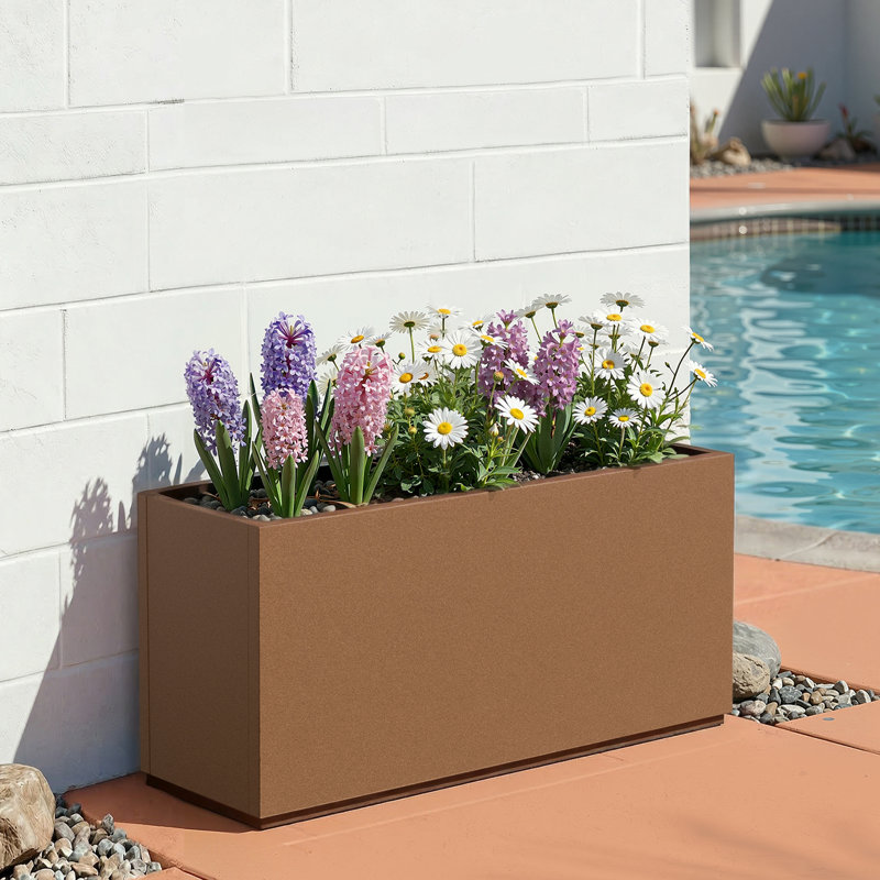 Boîte à fleurs rectangulaire en métal avec trous de drainage pour l'intérieur et l'extérieur, Brun