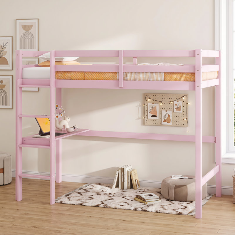 Structure de lit simple en mezzanine en bois d'hévéa massif, avec bureau intégré, barrière de sécurité et échelle d'escalade intégrée