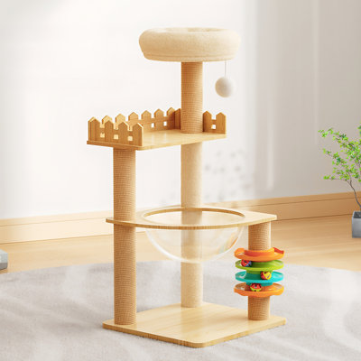 Tour à chat et arbre en bois moderne pour chats d'intérieur, condo à plusieurs niveaux avec poteaux à griffer en sisal, hamac en acrylique, perchoir supérieur et jouets