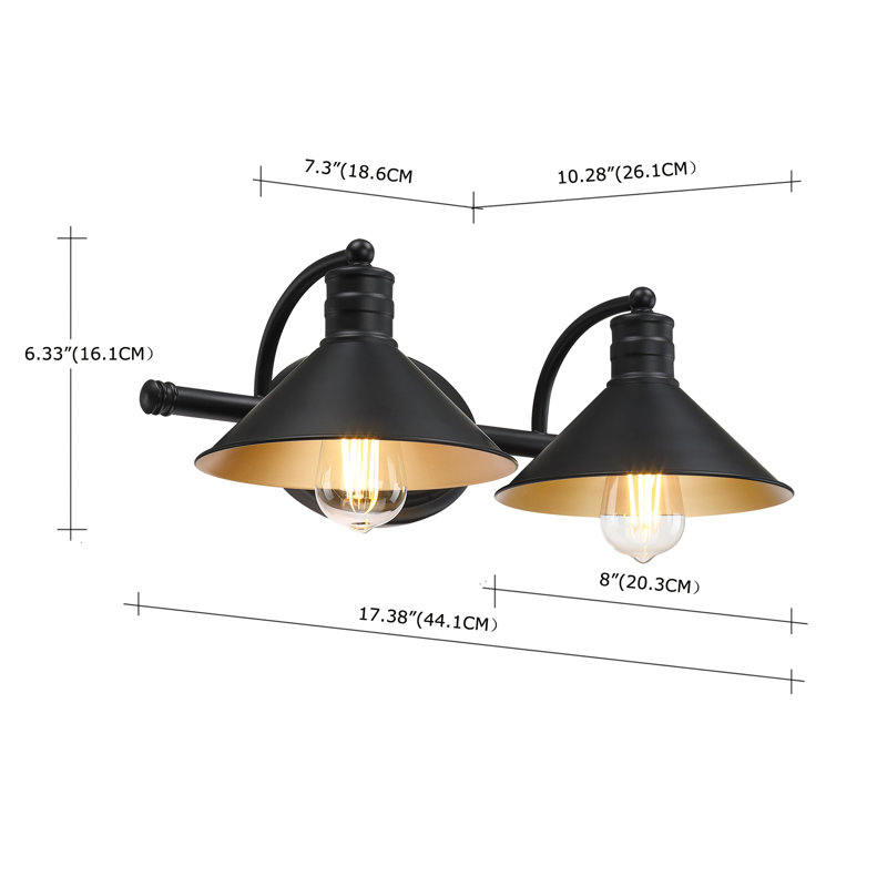 Vanity Light with Matte Black Finish and Gold Painting Inside, 2 Lights, 6.33" H x 17.38" W x 10.28" D