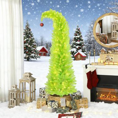 Arbre de Noël fantaisiste 84 po, arbre de Noël au crayon avec boule rouge, base en métal, pré-éclairé avec 250 lumières DEL