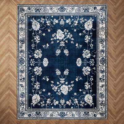 Non-Slip Floral Machine Washable Area Rug in Blue/Cream for Living Room, Bedroom, Hallway Runner Indoor Rugs