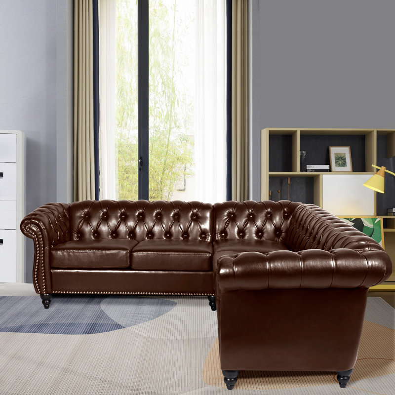 Faraaz Upholstered Faux Leather Chesterfield Sectional, Brown