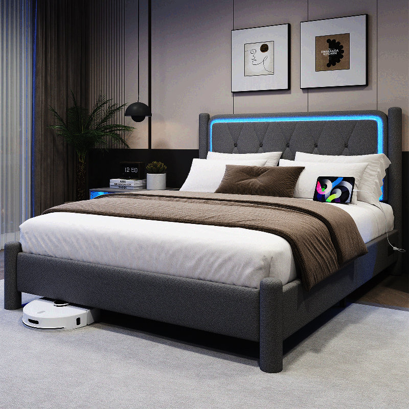 Structure de lit simple avec lumières DEL et station de charge, plateforme rembourrée en tissu avec tête de lit, tissu en peluche rembourré avec station de charge, aucun sommier requis, assemblage facile, gris