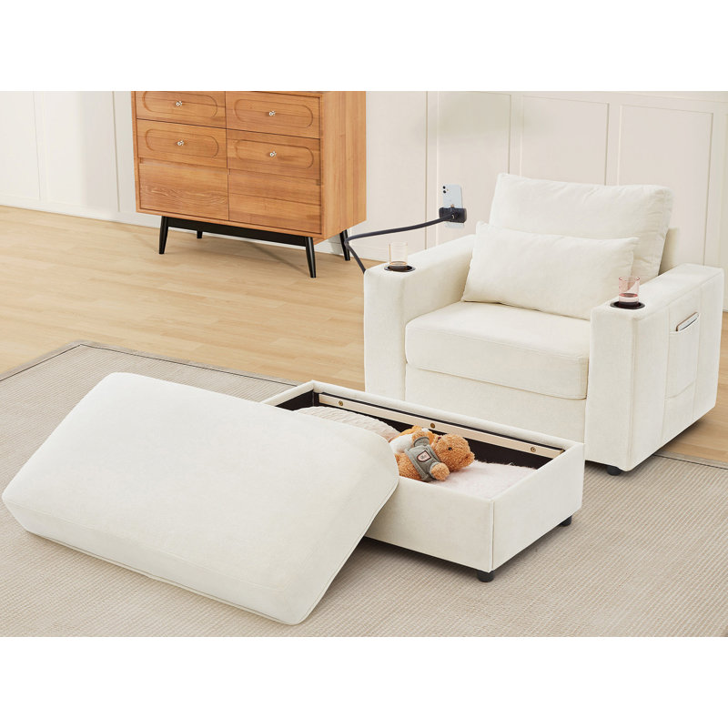 Fauteuil en chenille avec repose-pieds avec rangement, Beige