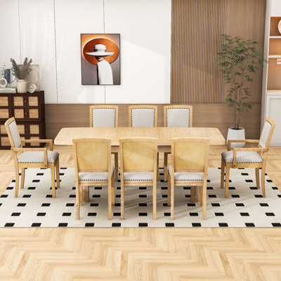 Bastrie 9 Pcs Dining Table Set, Extendable Table with Removable Leaf, 6 Armless and 2 Arm Chairs