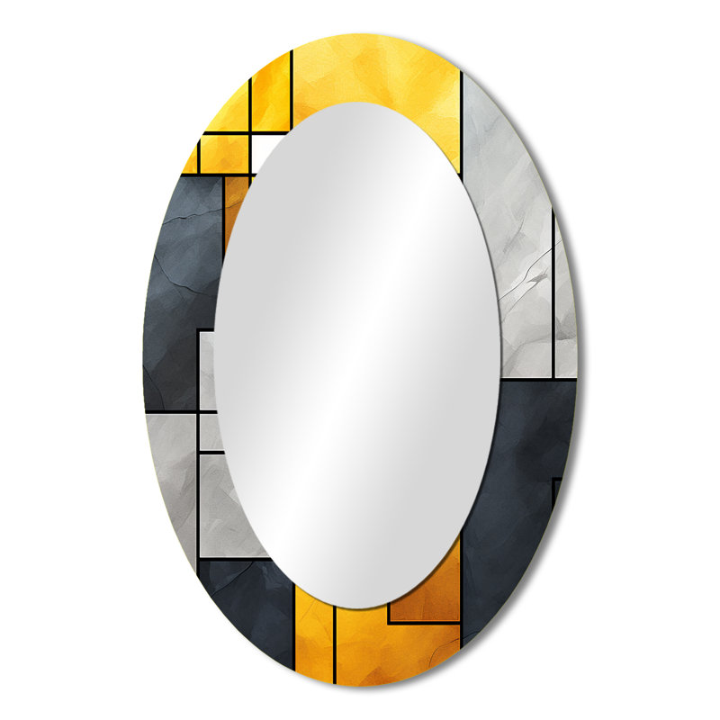 Yellow And Grey Geometric Fusion 5 - Abstract Oval Decorative Mirror On Metal, 36" H x 24" W