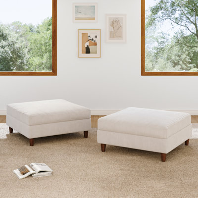 Upholstered Beige Square Corduroy Ottoman with Solid Wood Legs, Ottoman Modular Part For Sectional Sofa