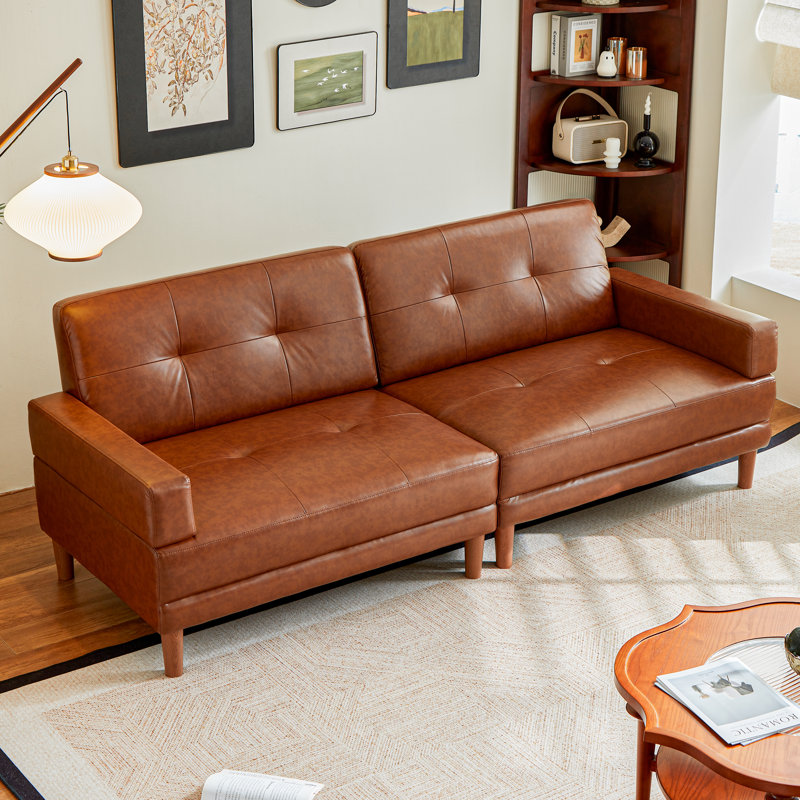 86.6''W Luxurious Comfy Leather Sofa Bed, Oversized 3-seater Sectional Sleeper Couch with Deep Cushions and Square Armrest, Mid-century Modern Tufted Upholstered Loveseat Sofa for Living Room and Bedroom, Brown