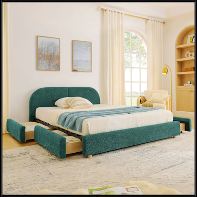 Structure de lit tapissier pour grand lit avec tête de lit courbée, rangement de tiroir à roulettes et support de pieds robuste - Style minimaliste moderne en vert