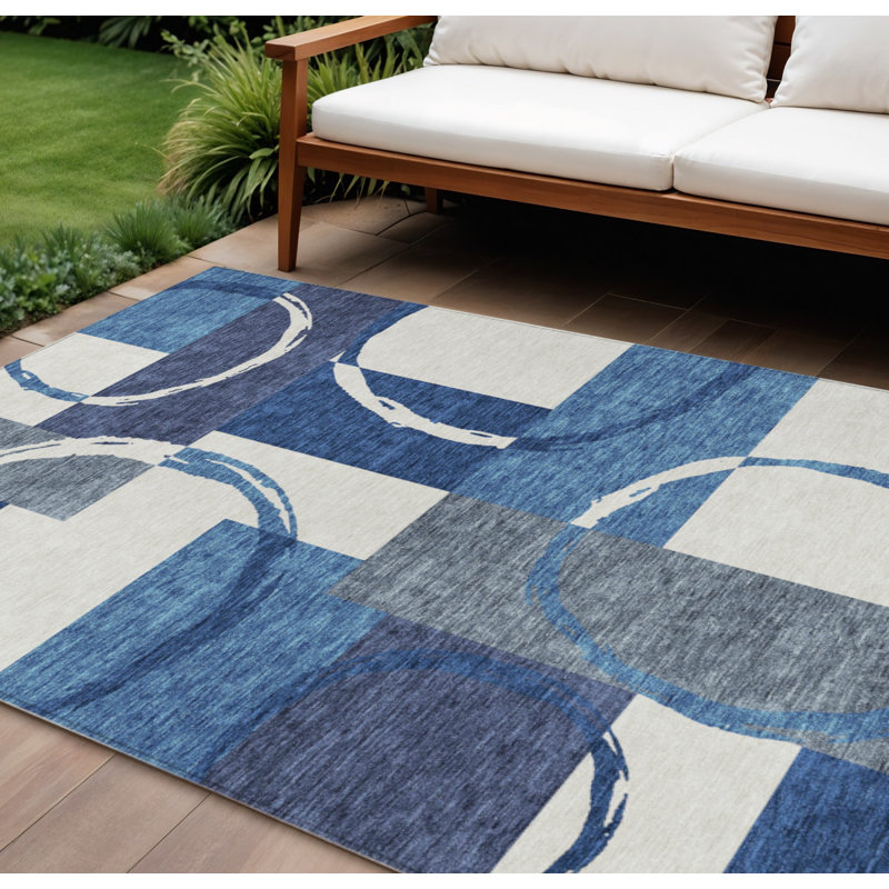 Tapis extérieur lavable à motif géométrique bleu et ivoire 10 pi x 14 pi