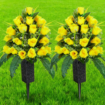 2 Sets Artificial Cemetery Flowers With Vase - Outdoor Grave Decorations, Non-Bleed Colour Roses Bouquet, Long-Lasting Beautiful Floral Arrangements For Memorial Grave Decor