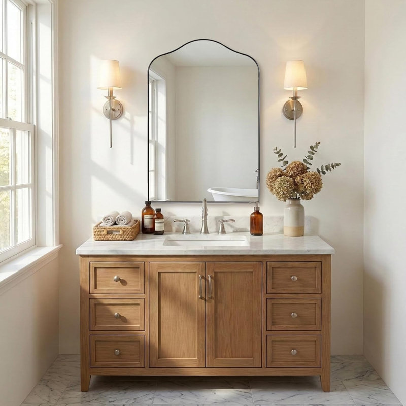 Aremi Contemporary Scalloped Arch Top Bathroom Vanity Mirror | Stainless Steel Frame, Polished Chrome, 38" x 26"