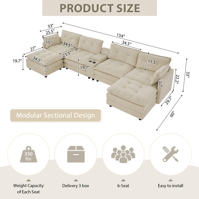 Canapé modulaire en U surdimensionné en U en velours côtelé avec repose-pieds et console, Velours côtelé beige