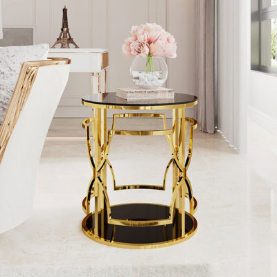 Table d'appoint ronde dorée de luxe 19,7 po avec plateau en verre trempé et tablette de rangement, table de bout moderne avec cadre en métal pour salon, chambre à coucher, canapé, table d'appoint pour petit espace
