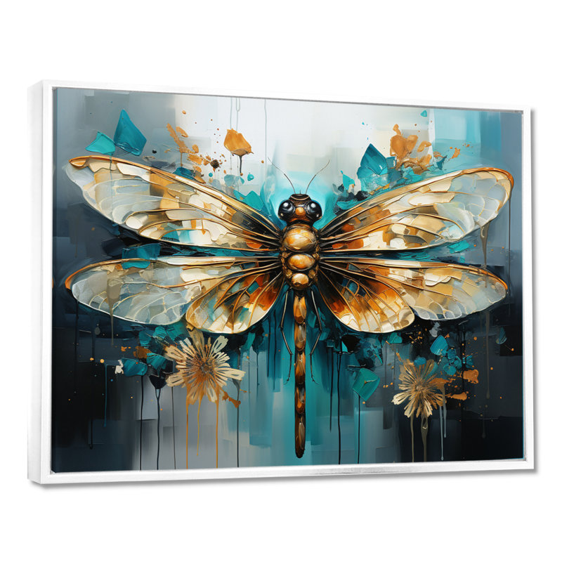 Bleu sarcelle, turquoise, libellule, gouttes I - Libellule, art mural, H 24 po x l 32 po x P 1 po, Cadre flottant blanc