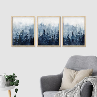 «Woodland Forest Landscape» IDÉE4WALL, art mural encadré forêt de montagne, ensemble de 3 impressions murales bleu pastel brumeux, décoration murale nature sauvage pour salon, chambre à coucher 3 pièces