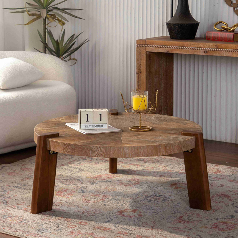 Table basse ronde à chevrons - Table basse rustique en bois massif et panneau de fibres à densité moyenne avec pieds fuselés, pour le salon