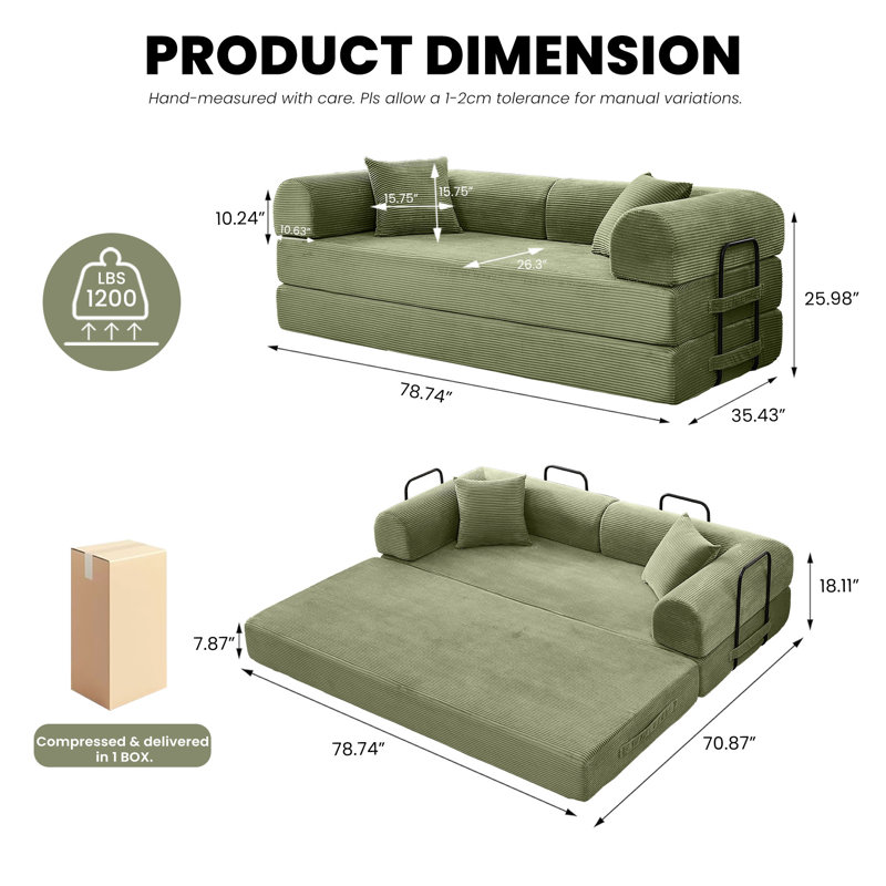 Boneless Corduroy Convertible Sofa Bed - Folding Floor Futon Sleeper with Pillows, Comfy Lounge Loveseat for Living Room Bedroom, Light Green