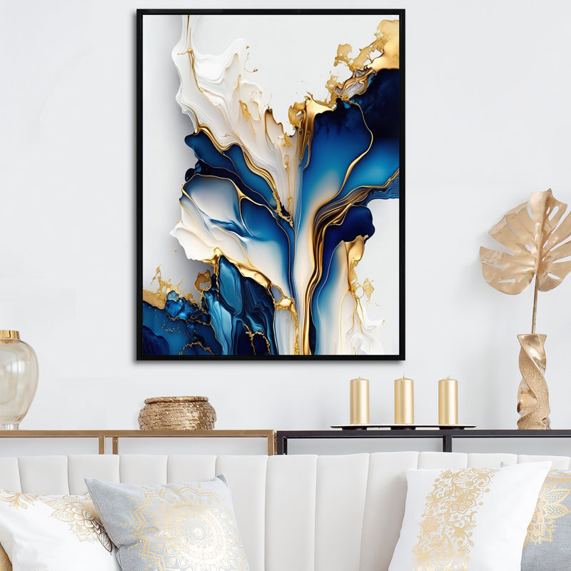 Abstract Geode Gold and Blue Marble Shape III - Print on Canvas, 32" H x 16" W, Floater Framed Canvas, Black
