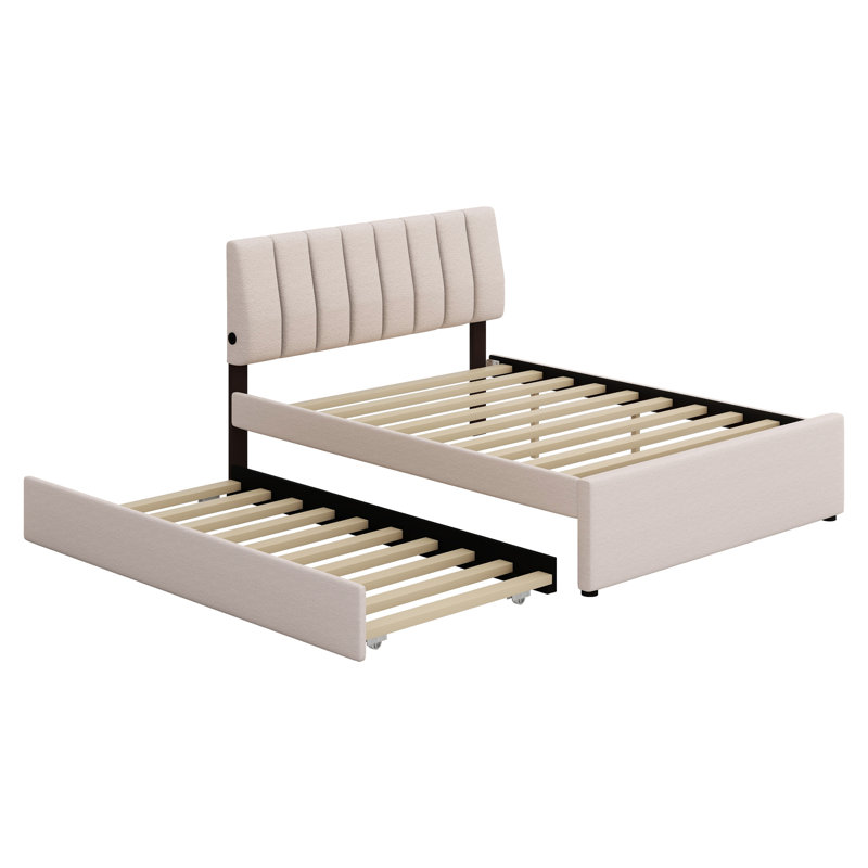 Lit plateforme tapissier avec lit gigogne, Beige