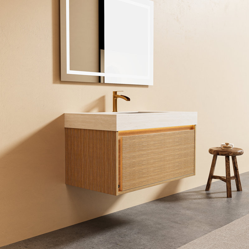 Floating Grille Bathroom Vanity with , Ceramic Sink, and LED Sensor Light