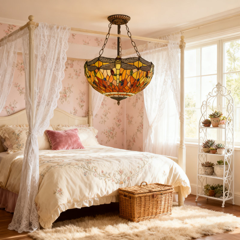 Tiffany Semi Flush Mount Ceiling Light with Stained Glass Shade
