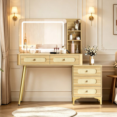 Farmhouse Rattan Makeup Vanity Desk with LED Lighted Mirror & 3-Drawer, 3 Lighting Modes, Gold Metal Legs