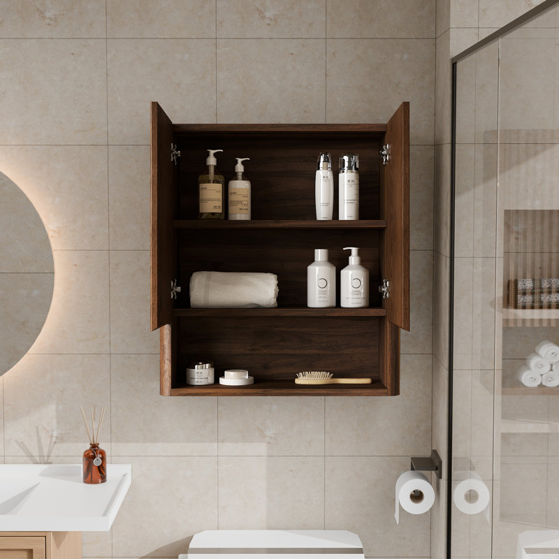 26" Wall Mounted Walnut Toilet Storage Bathroom Cabinet With 2 Striped Solid Wood Doors and Open Shelf, Walnut