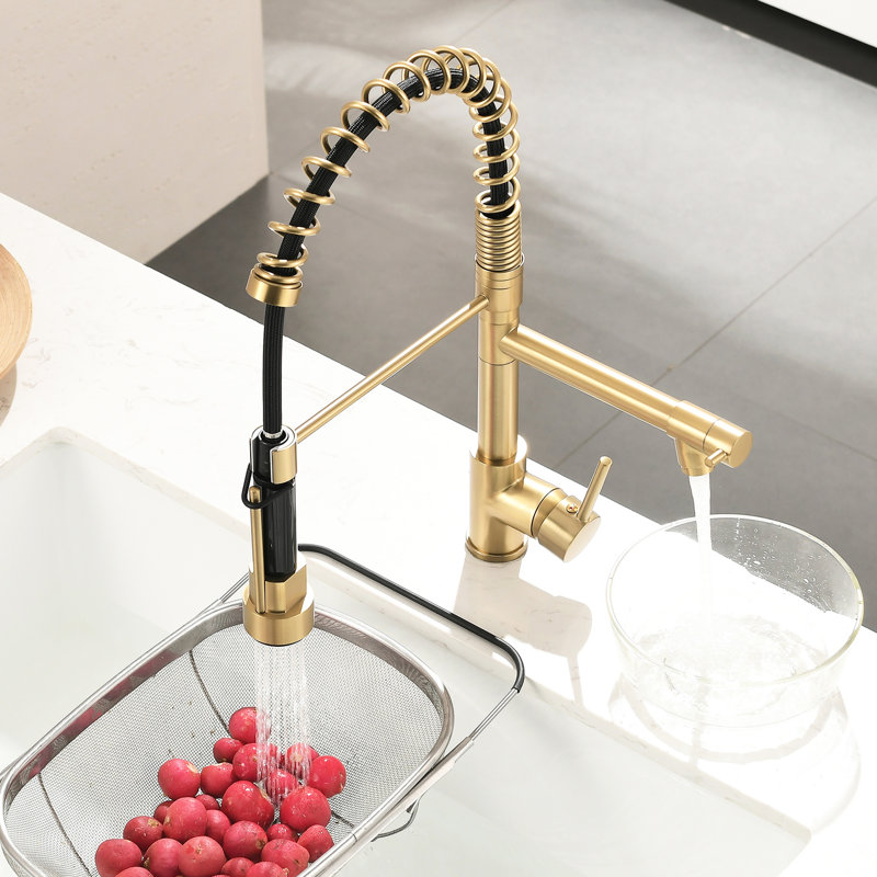 Appealing Gold Kitchen Faucet With Pull Down - 360 Rotatable Nozzle, Single Lever, Brass Feature Alleviating Sink Stream And Spray Usefulness, Ceramic Filler, Contemporary Freshness